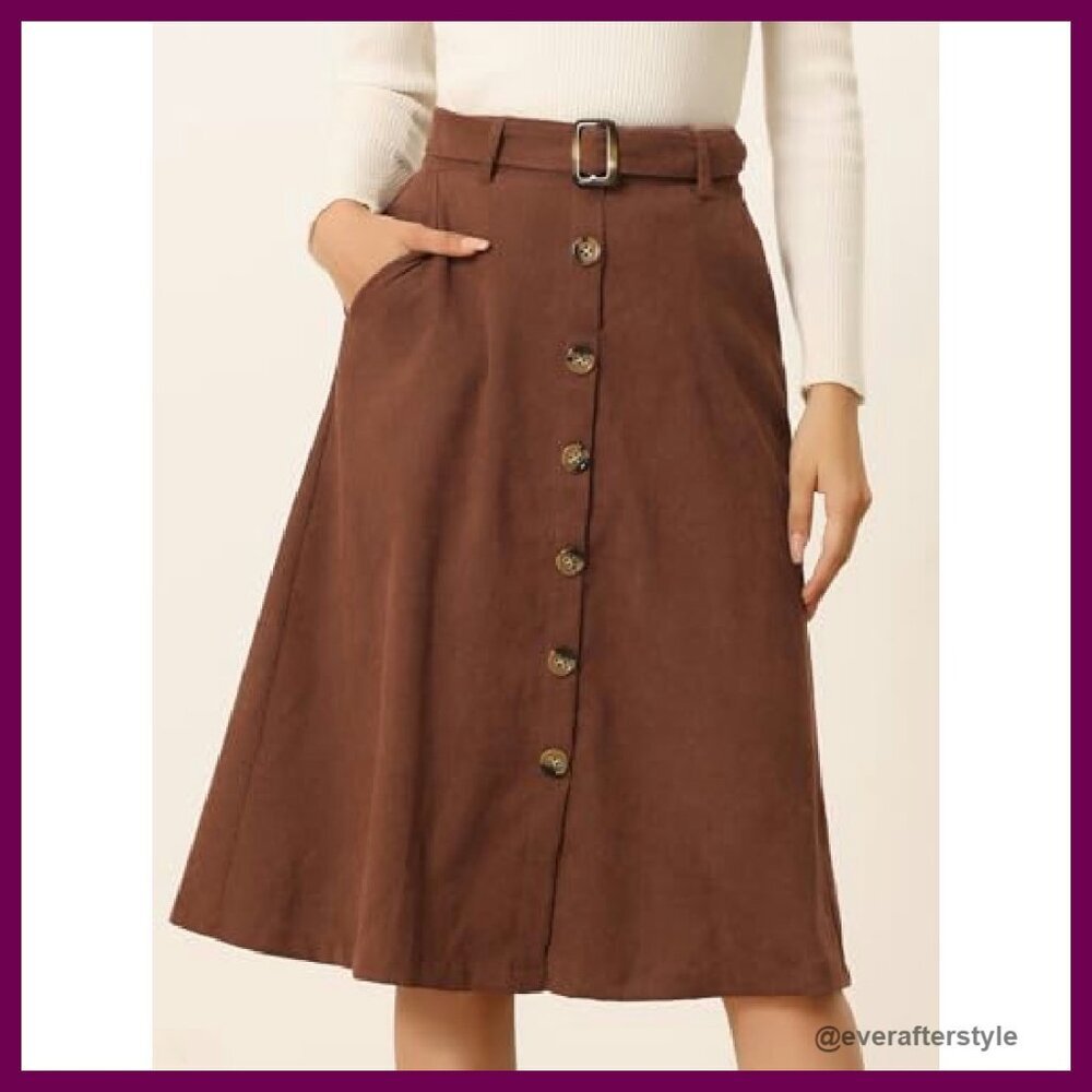 Corduroy Midi Skirt High Waist A-Line Retro Chic Button Front Belted - Picture 3 of 8